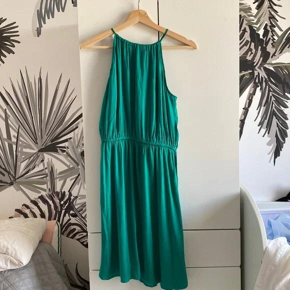 slim fit dress slacks Ann Taylor LOFT Sage Green Cotton Empire Waist Dress